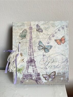 Scrapbook with Paris + Butterfly Designs in Pastel Tones with Ribbon + Lace